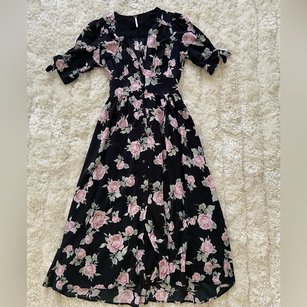 Free People Black Floral Button Up MIDI Dress XS